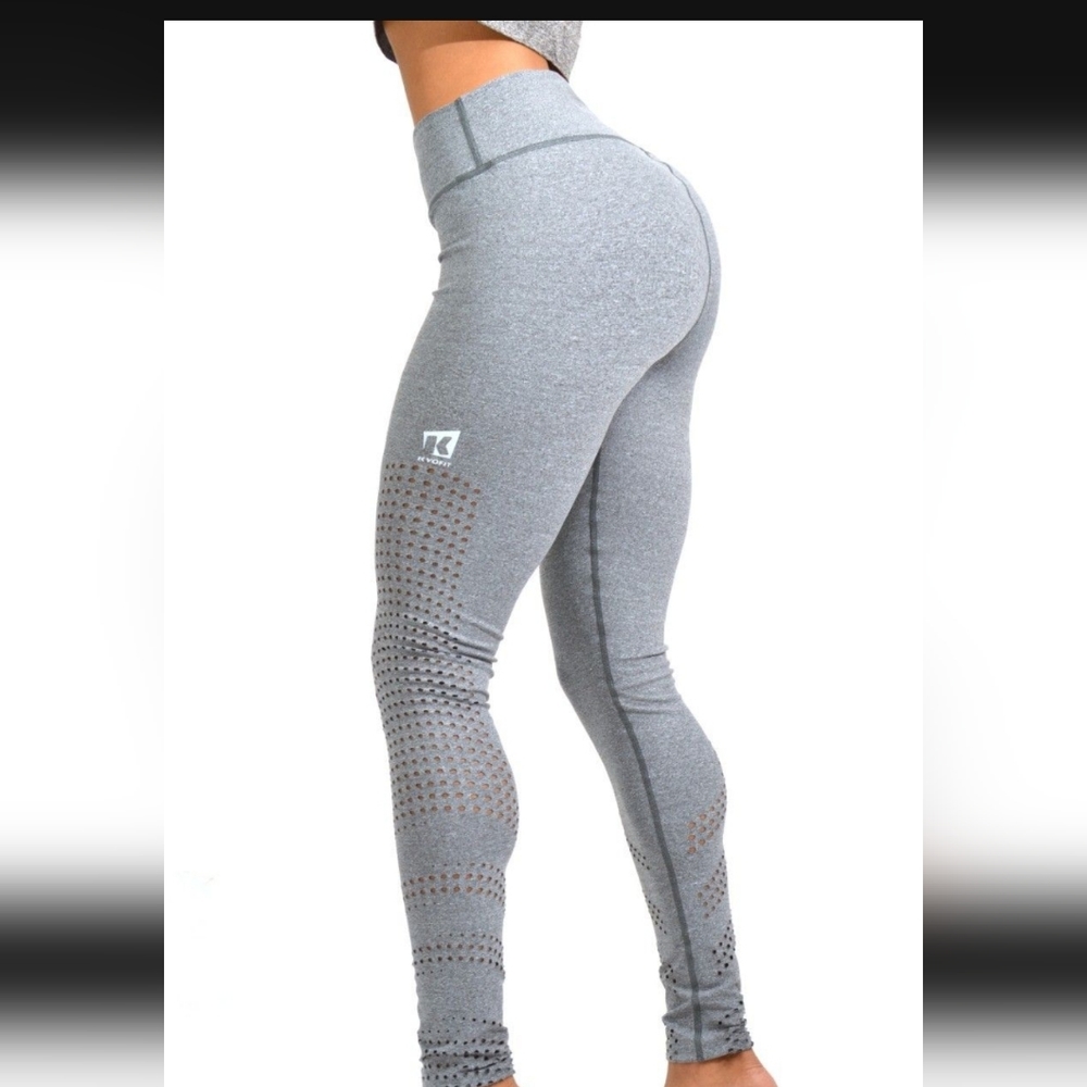 KYOFIT PURERAY GRAY LEGGING LASER CUT DESIGN FLAT SEAMS REFLECTIVE LOGOS SIZE M-